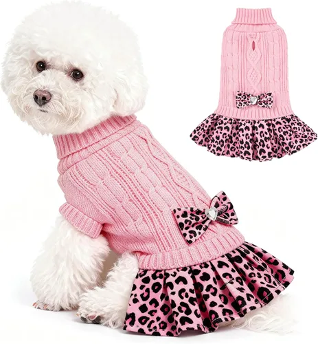 Vista 9 de WOYYHO Vestido de suéter para perrita con corbatín, cuello alto, pequeño, con hueco para correa, suéteres de punto para perritas, ropa de invierno
