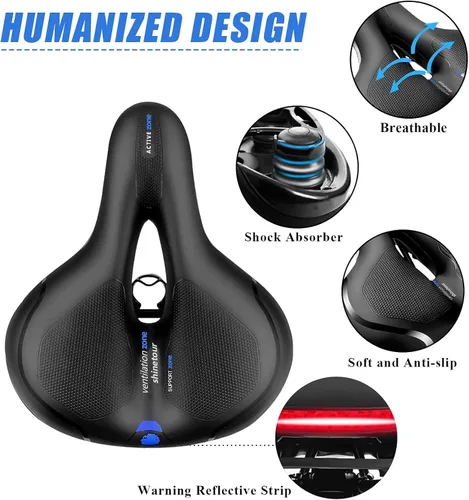 Vista 3 de Asiento de bicicleta cómodo para mujer y hombre, sillín de bicicleta ancho de repuesto con acolchado de espuma viscoelástica, suave y con absorción