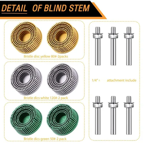 Vista 3 de Honoson 6 piezas de disco de cerdas de 2 pulgadas de grano de disco abrasivo disco de cerdas 50 # 80 # 120 # con accesorio de vástago de 1/4