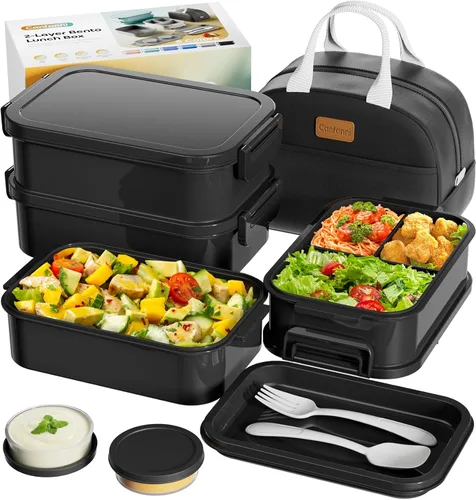 Caja Bento para Adultos con Bolsa de Almuerzo Aislada, Capacidad de 74 oz, 3 Cajas Bento Apilables a Prueba de Fugas con Utensilio y Salsa