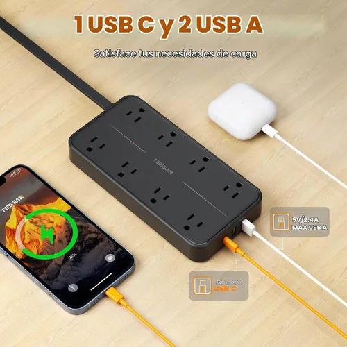 Vista 4 de TESSAN - Protector contra sobretensiones, cable de extensión de enchufe plano de 5 pies Negro