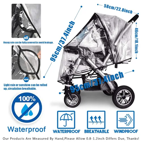 Vista 4 de Funda de lluvia para cochecito, accesorio universal para cochecito, impermeable, protección contra el viento, protege del polvo y la nieve
