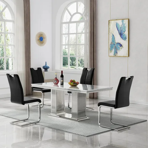 Vista 46 de 5 Piece Black Marble Dining Table Set for 4, Modern Faux Marble Kitchen Dining Room Tables with 4 Leather Chairs Set, 68.11" Luxury Rectangular