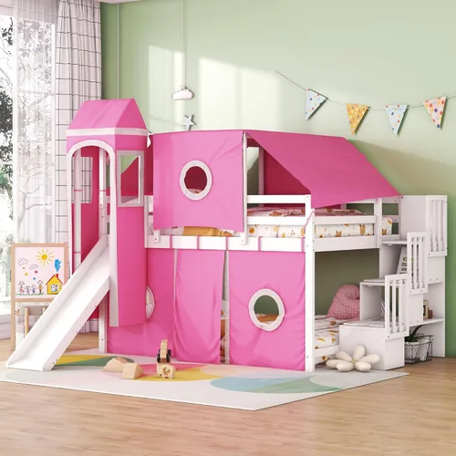 Vista 101 de Cama de casa de tamaño individual con elegantes ventanas y estantería, litera con diseño de castillo de madera con barandillas de seguridad