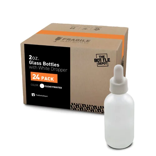 Vista 2 de The Bottle Depot - Paquete de 24 - Botella de vidrio de 2 onzas con cuentagotas (blanco) - Transparente esmerilado - Acabado de cuello 20-400