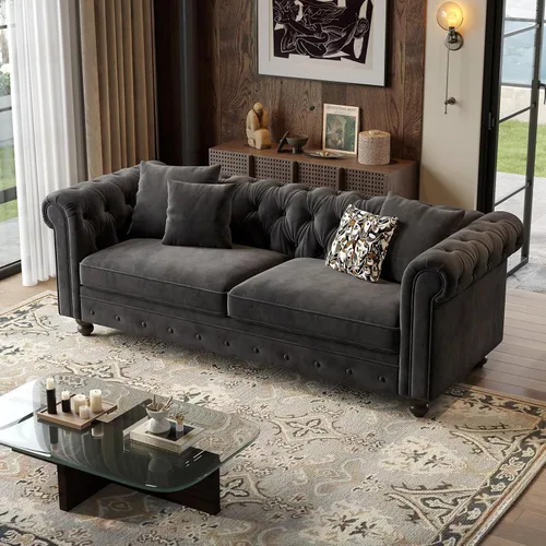 Vista 7 de Sofá Chesterfield de 82 pulgadas, sofá de terciopelo de 23 pulgadas de profundidad para sala de estar, sofá capitoné con botones con brazos