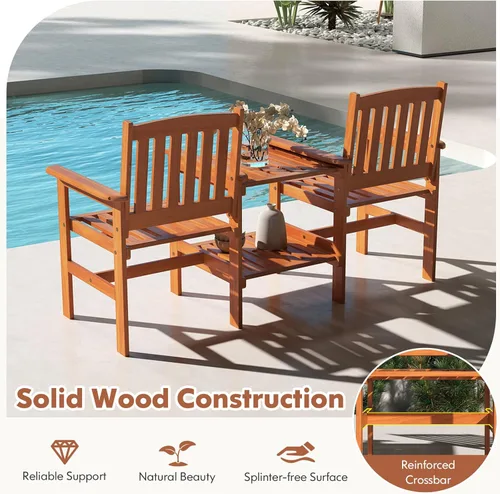 Vista 4 de RELAX4LIFE Sofá de dos plazas para exteriores con mesa integrada, sillas de patio de madera con mesa central y agujero para paraguas, banco