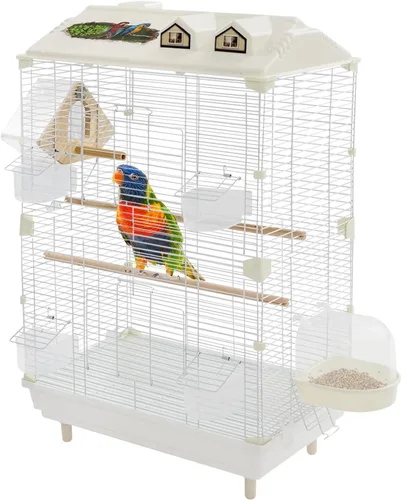 Vista 9 de Jaula para pájaros de dos niveles, jaula de vuelo mediana blanca para pájaros pequeños, periquitos canarios, pinzones, panel frontal acrílico