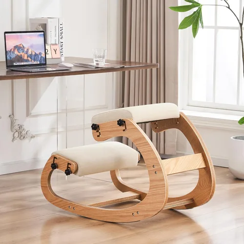 Vista 8 de Silla ergonómica, mecedora ajustable para oficina en casa, silla de oficina de madera para aliviar el dolor de espalda, gris