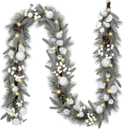 Vista 17 de Valery Madelyn - Guirnalda de Navidad de 1,8 m, preiluminada, con luces, para manto, guirnalda navideña iluminada para exteriores, con bolas