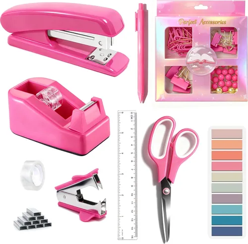 Vista 6 de Dimonluce Accesorios de escritorio de oficina, accesorios de oficina negros con dispensador de cinta, grapadora, removedor de grapas, 1000 grapas