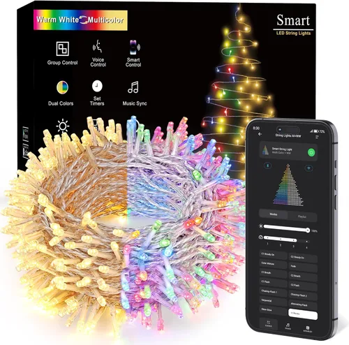 Vista 10 de BrizLabs - Luces de Navidad inteligentes, 100 luces LED que cambian de color, 33 pies, control por aplicación/voz, luces de árbol de Navidad