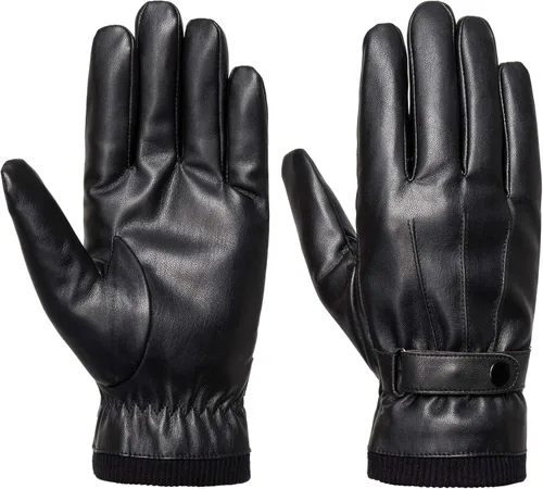 SANKUU Winter Leather Gloves for Men, Touchscreen Snap Closure Cycling Black Gloves Outdoor Riding Warm Waterproof Gloves