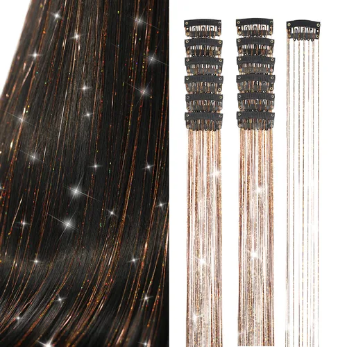 Vista 18 de Ubeleco Kit de oropel para cabello negro de 12 piezas, accesorios de cabello con clip de 52 cm, kit de oropel de pelo de hada para Navidad y Año