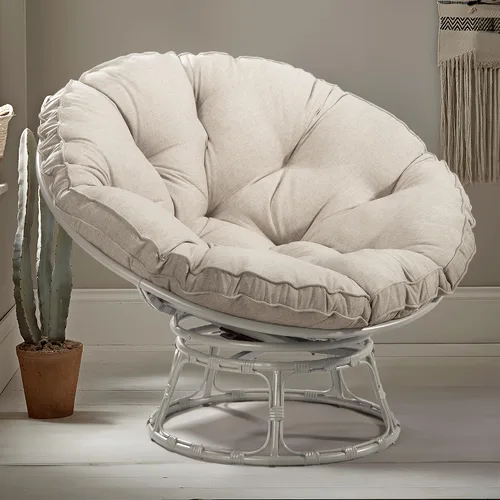 Papasan - Silla con cojín, base giratoria de 360°, platillo grande, marco gris claro, poliéster beige