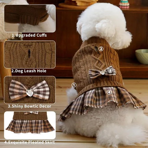 Vista 2 de WOYYHO Vestido de suéter para perrita con corbatín, cuello alto, pequeño, con hueco para correa, suéteres de punto para perritas, ropa de invierno