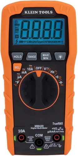 Klein Tools Multímetro digital MM420, multímetro TRMS de rango automático, voltaje CA/CC de 600V, corriente CA/CC 10A, resistencia de 50 MOhms