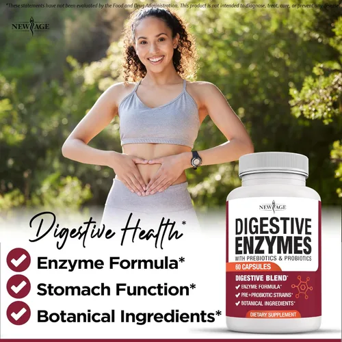 Vista 5 de NEW AGE Enzimas digestivas para la salud intestinal, múltiples enzimas probióticas con prebióticos y probióticos con lipasa para mujeres y hombres