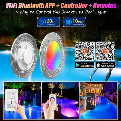 Vista 2 de 60Ft 6Inch WiFi Spa Led Pool Lights for Inground Pool with Triple Control (Remote/APP/Controller), 20W Muti-Color Changing Underwater Swimming Pool