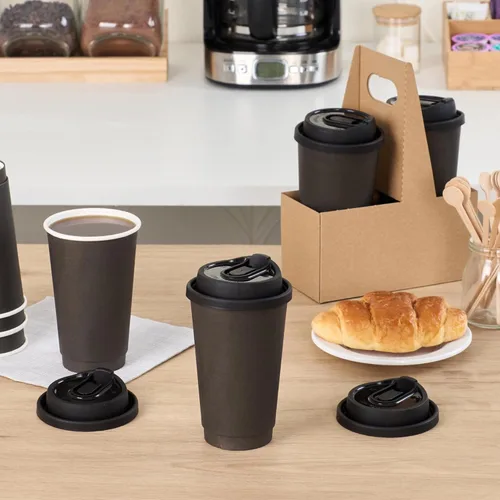 Vista 2 de Restaurantware Solo tapas: tapas Restpresso para tazas de café de papel de 8, 12, 16 y 20 onzas, 25 tapas de papel desechables con tapón Negro