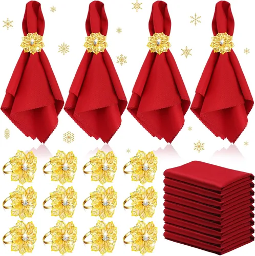 Vista 10 de Sliner Juego de 24 servilletas y anillos de Navidad, 12 servilletas de Navidad lavables de color rojo y 12 servilleteros de Navidad para cenas