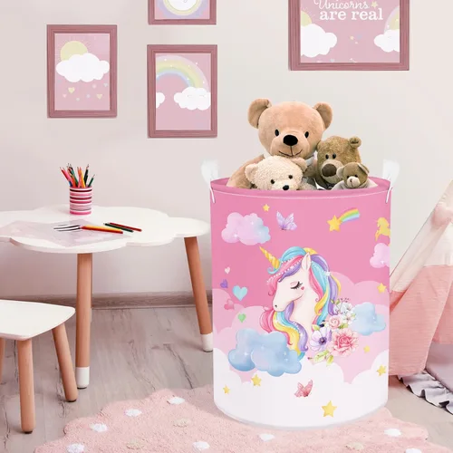 Vista 2 de Clastyle Cesta de lavandería de unicornio rosa de 45L para niñas, cesta redonda de arcoíris para ropa sucia, luna, estrellas, flores, nubes