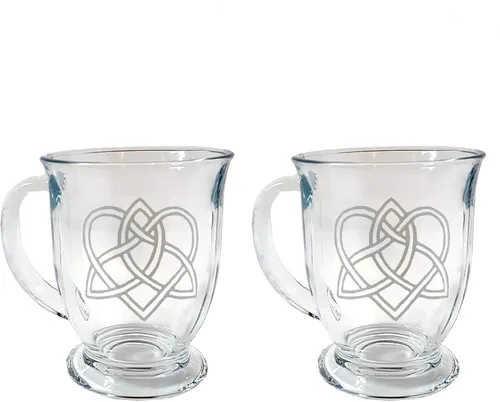 Celtic Love Knot Glass Coffee Mug Set of 2 – Free Personalized Engraving, 16oz Mugs
