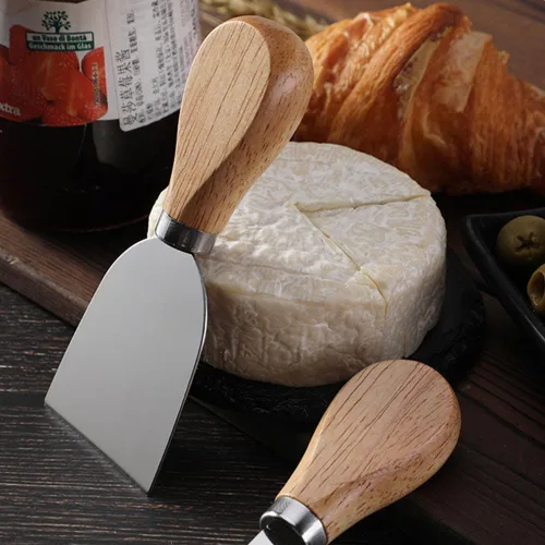Vista 4 de Cuchillos de queso de acero inoxidable con mango de madera, cortadores, para hacer rodajas