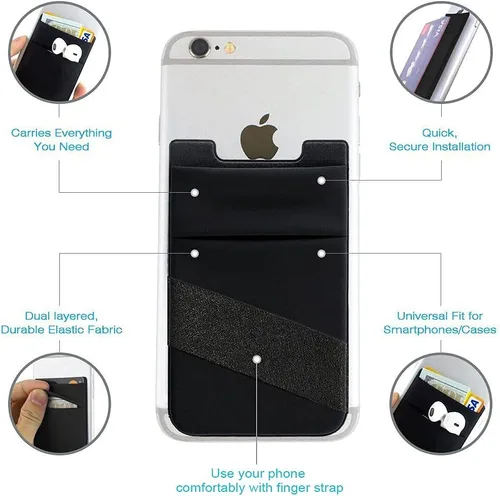 Vista 7 de Cartera para teléfono con correa para el dedo, soporte elástico para tarjetas de crédito para la parte posterior del teléfono, tarjetero para funda