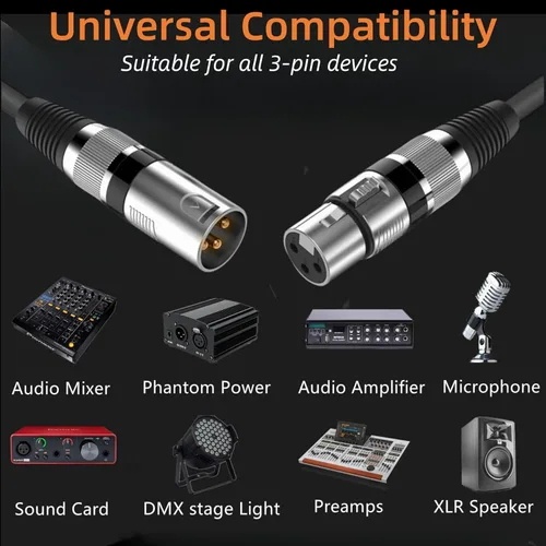 Vista 3 de XLR Cables - Paquete de 6 cables XLR macho a hembra con 3 pines chapados en oro, cable de micrófono corto blindado equilibrado para mezclador