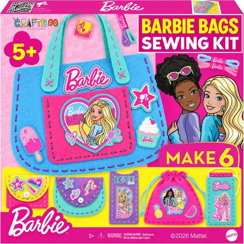 Barbie® - Kit para coser tu propia minibolsa para niños de 6 a 12 años, 6 proyectos de bolsas de fieltro con hilo dental, calcomanías y mini