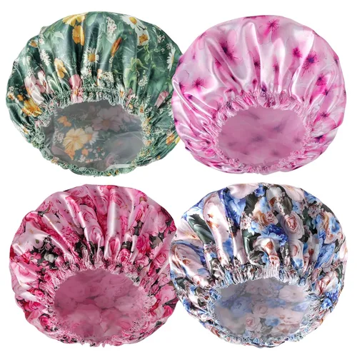 Vista 22 de Gorras de ducha para mujer, 4 piezas de gorros de baño elásticos y reutilizables, gorro de ducha de doble capa reutilizable e impermeable, gorros