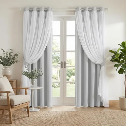 Vista 13 de PONY DANCE Cortinas Opacas con Superposición de Gasa, Cortinas de Doble Capa con Aislamiento Térmico Mix & Match para Oscurecer Habitaciones