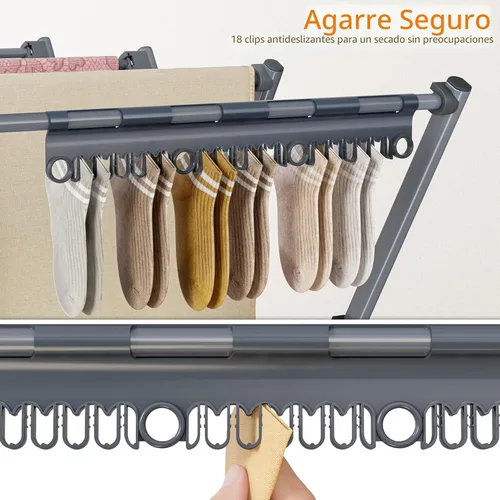 Vista 8 de HOMIDEC Tendedero de secado de ropa, 12 postes de secado grandes con clips para calcetines, estante de secado de ropa, plegable, portátil, para Plata