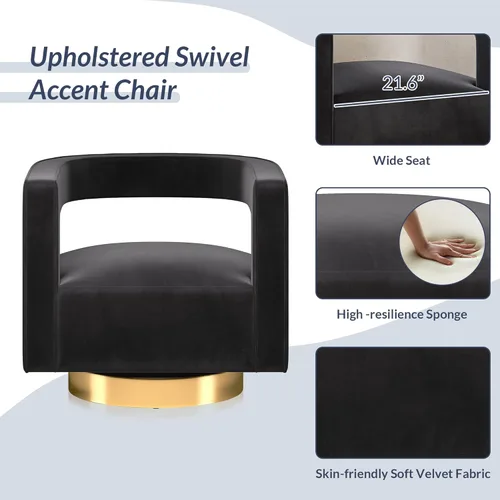 Vista 23 de BELLEZE Silla giratoria con diseño de barril, moderna silla redonda con respaldo curvado de terciopelo con base dorada, 360 grados para sala