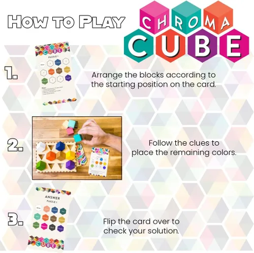 Vista 4 de Project Genius: Chroma Cube, un rompecabezas de lógica colorido, 12 bloques de madera coloridos, 25 tarjetas de Brainteaser, rompecabezas, gran