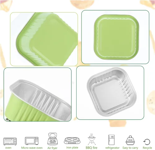 Vista 3 de 50 tazas cuadradas de papel de aluminio para hornear con tapas, moldes desechables de 5 onzas para tartas, recipientes para hornear cupcakes