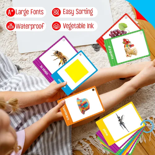 Vista 6 de 60 tarjetas flash en inglés y español, tarjetas de sustantivos de doble cara, palabras bilingües de visión – animales, colores, alimentos