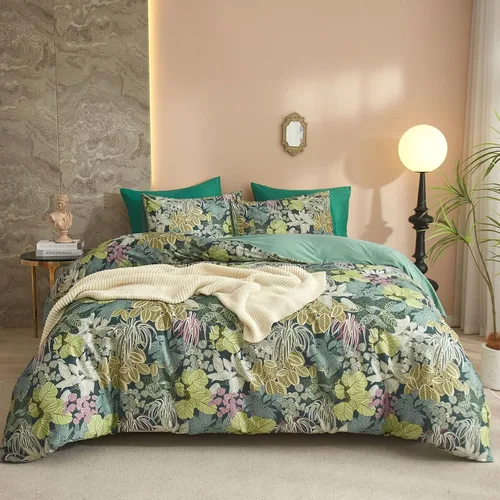 Vista 34 de EAVD - Juego de funda nórdica con motivos florales botánicos, tamaño King, 100 % algodón, suave y reversible, 2 fundas de almohada, funda de edredón