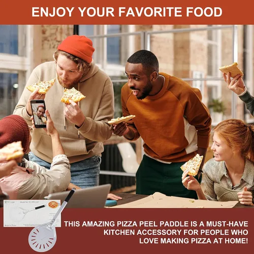 Vista 5 de Pizza Turning Peel-Premium Pizza Paddle con mango antideslizante cubierto de goma – Pelar giratorio resistente con placa de aluminio – Diseño