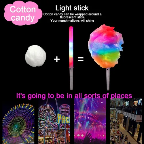 Vista 2 de 20 conos de algodón de azúcar, palitos de algodón iluminados, 8 patrones de colores LED intermitentes para fabricante de algodón de azúcar, palos