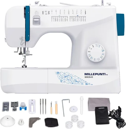 MILLEPUNTI MKR45 - Máquina de coser para principiantes de 25 puntadas integradas, 4 pies incluidos y kit de accesorios, enhebrador automático de