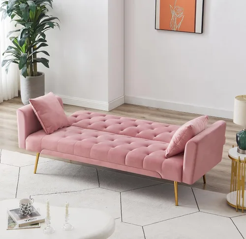 Vista 106 de Sofá cama moderno de terciopelo de 72 pulgadas, sofá cama plegable convertible con 3 respaldos ajustables, sofá biplaza reclinable copetudo