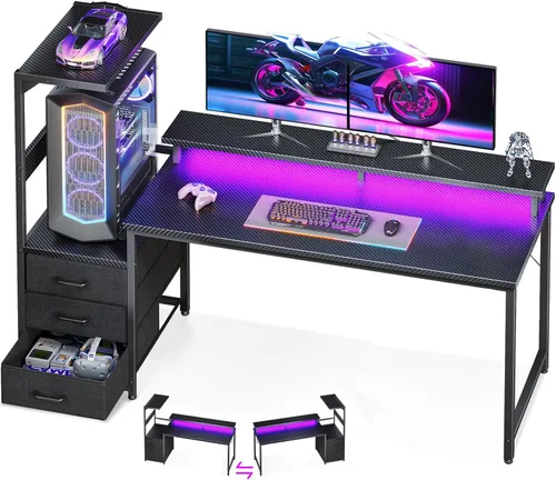 Vista 11 de AODK Escritorio para juegos de 52 pulgadas con puertos de carga USB y luz LED, escritorio reversible para computadora con estantes de almacenamiento