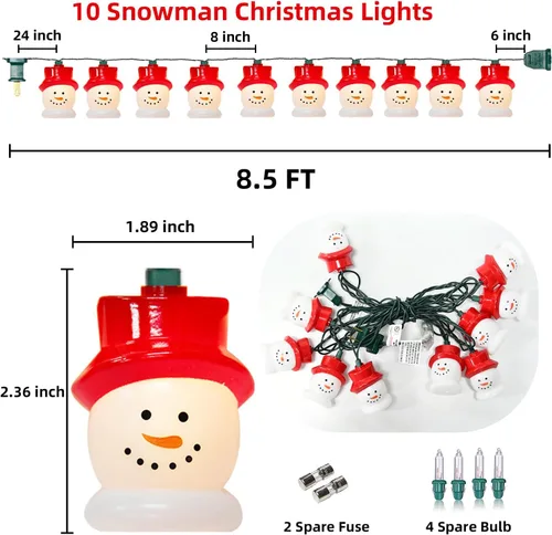 Vista 2 de Guirnalda de luces de muñeco de nieve de Navidad de 10 luces, resistente al agua y con certificación UL, perfecta para uso en exteriores e