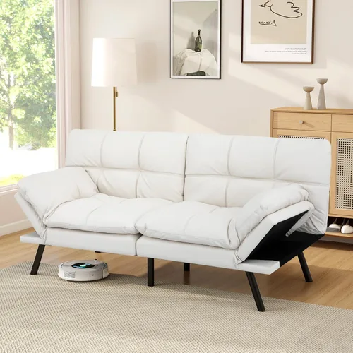 Vista 16 de Opoiar Sofá cama de cuero tipo futón convertible de espuma viscoelástica, sofá biplaza moderno con reposabrazos y respaldos ajustables para espacios