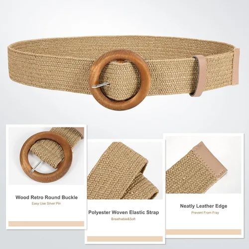 Vista 5 de JASGOOD Cinturones elásticos tejidos de paja para mujer, cinturones anchos bohemios trenzados con hebilla de estilo de madera