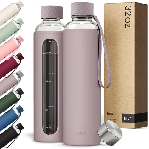 Vista 20 de KIVY Botella de agua de vidrio con funda de silicona de 22 onzas [Con medidas] – Botella de agua de vidrio de borosilicato con tapa de rosca