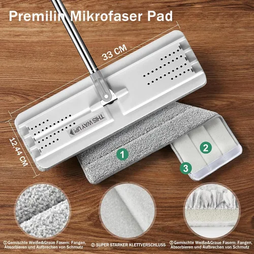 Vista 2 de JOYMOOP Trapeadores planos, trapeador de microfibra para limpieza de pisos y limpiador de paredes, mango de trapeador de 50" con cabezal plano