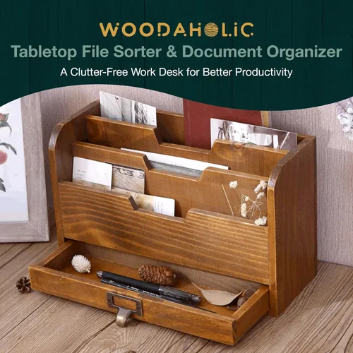 Vista 2 de Organizador de escritorio de madera rústica, clasificador de archivos vertical con 3 compartimentos y 1 cajón de bandeja de papel, madera de caoba